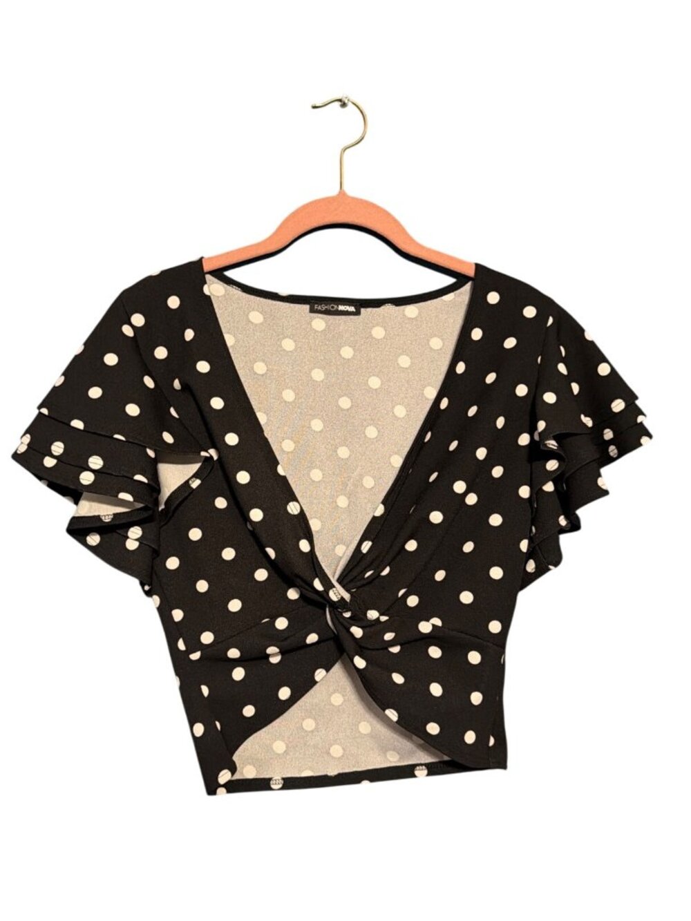 Polka Dot Black & White Ruffle Sleeve Knot Front Top
